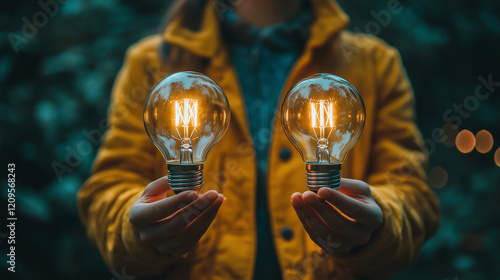 Close-up of a person comparing two energy-efficient light bulbs, highlighting decisions to save on electricity bills.