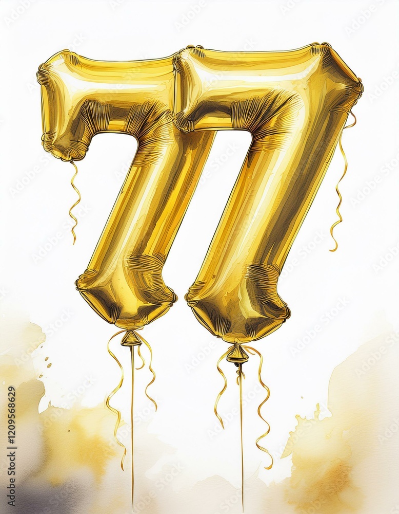 Obraz premium Gold birthday / anniversary party balloon, number 77, watercolor painting with white background