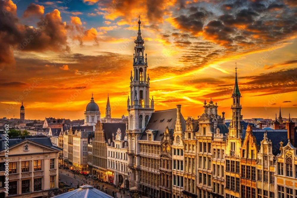 Obraz premium Brussels Sunset Cityscape: Panoramic Golden Hour View