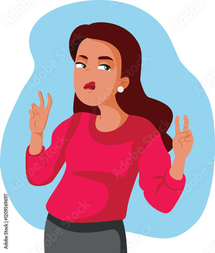 Dissatisfied Woman Doing Air Quotes Gesture Vector Character. Mean girl making assumptions and talking in mockery term 
