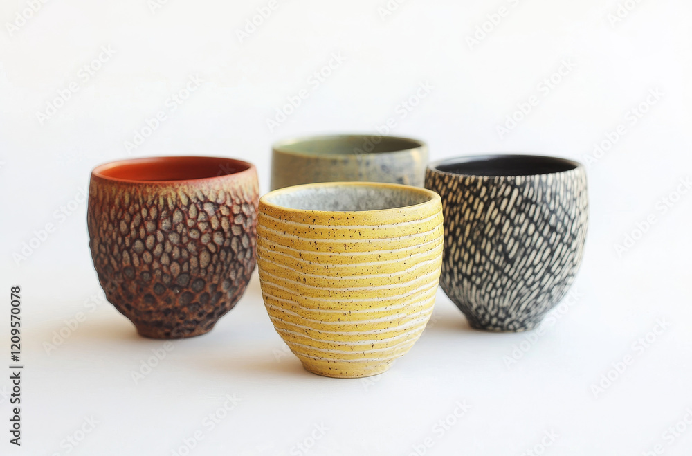 Four distinct ceramic cups showcase a range of colors and textures, including a deep red, earthy brown, muted green, and elegant black, set against a simple light backdrop to highlight their designs Four distinct ceramic cups showcase a range of colors and textures, including a deep red, earthy brown, muted green, and elegant black, set against a simple light backdrop to highlight their designs