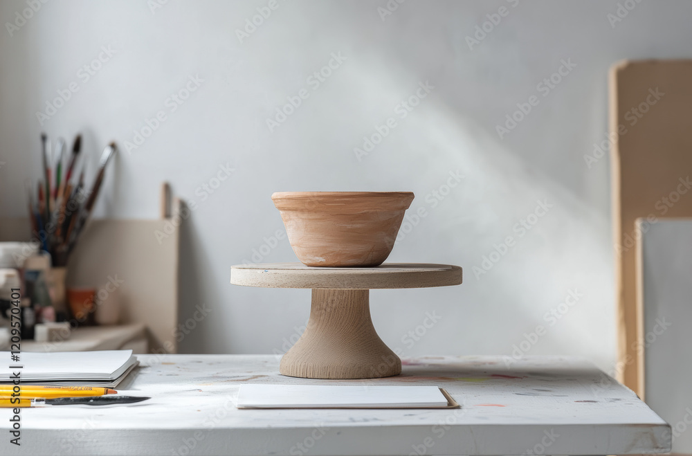 A freshly crafted clay bowl is positioned on a pottery wheel in a sunlit studio. Various pottery tools and materials are visible on the work table, showcasing the creative process of pottery making A freshly crafted clay bowl is positioned on a pottery wheel in a sunlit studio. Various pottery tools and materials are visible on the work table, showcasing the creative process of pottery making