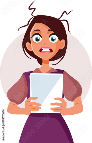 Stressed Overwhelmed Busy Woman Holding Tablet Vector Character. Unhappy busy freelance girl having too much work to do 
