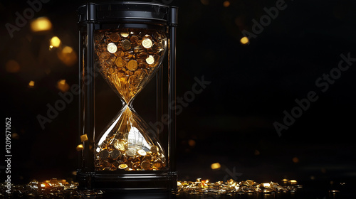 A surreal hourglass with liquid gold flowing between chambers, symbolizing the fleeting nature of wealth and time