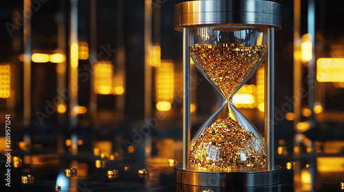 A surreal hourglass with liquid gold flowing between chambers, symbolizing the fleeting nature of wealth and time
