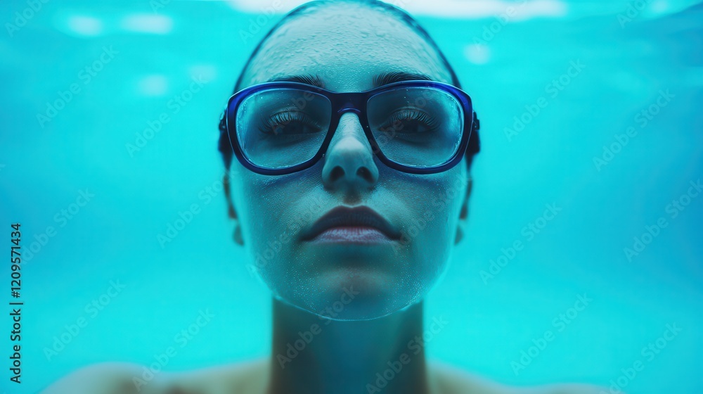 Fototapeta premium Hydrotherapy for beauty and wellness at the spa Underwater portrait of a woman wearing swimming goggles.