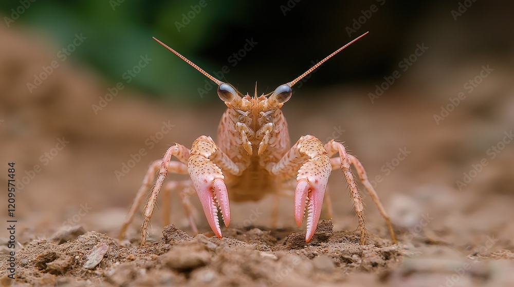 Pink crayfish on ground, close-up, blurred background, nature photography, wildlife Pink crayfish on ground, close-up, blurred background, nature photography, wildlife