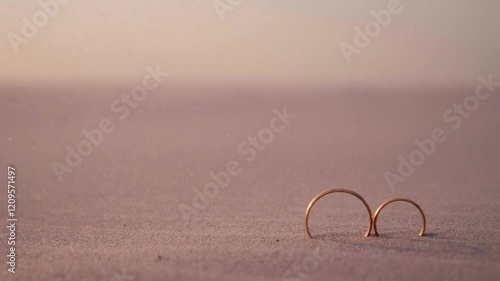 Wedding gold rings on the sand in the desert. The concept of a strong family. Storm in the desert and the newlyweds' gold rings. Free space for text. Unusual arrangement of wedding rings