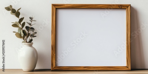 Wooden picture frame placed on a light wooden table beside a white vase containing green eucalyptus leaves against a soft white wall background