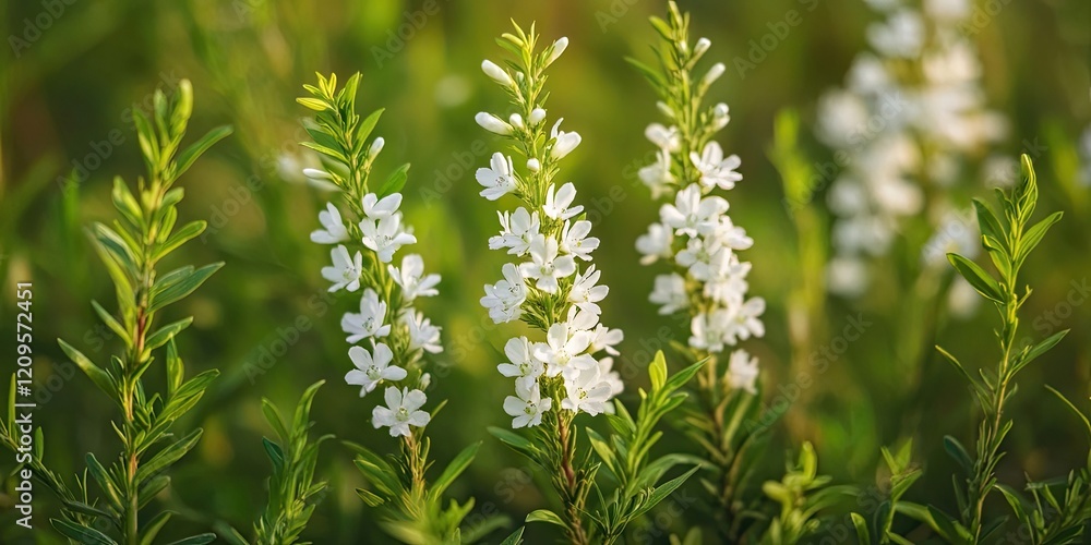 Beautiful white blooms of Cuphea hyssopifolia or Mexican Heather with fresh green leaves against a soft blurred green background in a vertical arrangement. Beautiful white blooms of Cuphea hyssopifolia or Mexican Heather with fresh green leaves against a soft blurred green background in a vertical arrangement.