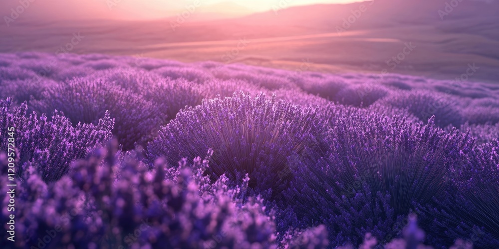 Obraz premium Vibrant lavender fields stretch across the horizon with rich purple hues under a soft sunset glow illuminating the serene landscape.