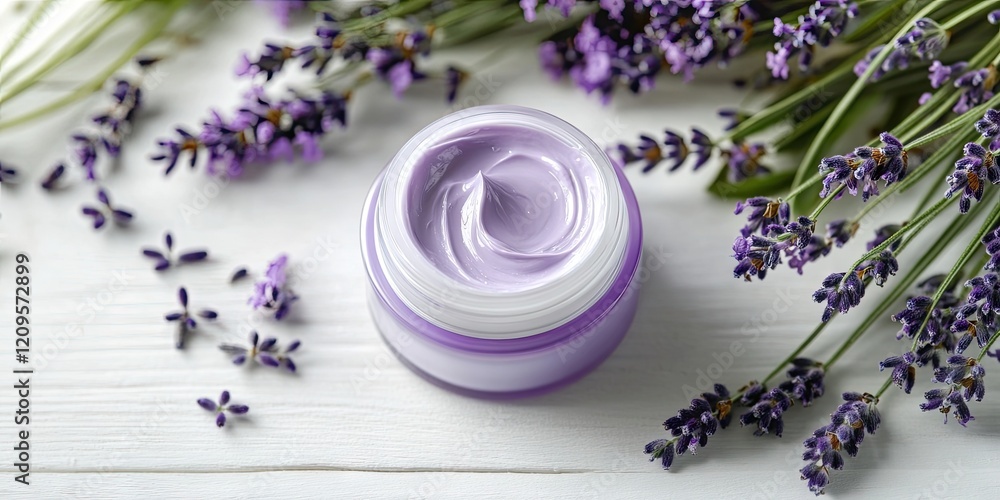 Purple cosmetic cream jar with a smooth texture surrounded by fresh lavender flowers on a white wooden table background. Purple cosmetic cream jar with a smooth texture surrounded by fresh lavender flowers on a white wooden table background.