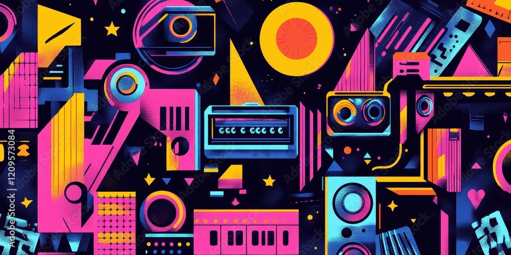 Abstract Retro Technology Collage Design Featuring Vibrant Colors Abstract Retro Technology Collage Design Featuring Vibrant Colors