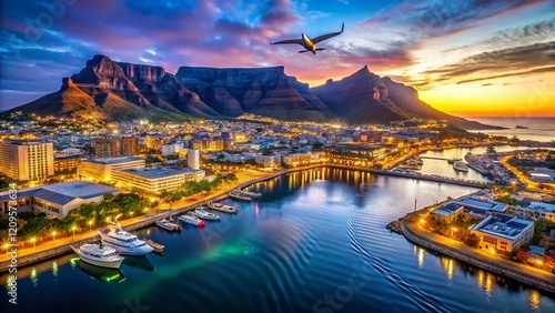 Cape Town Night: Forwards Flying Over Waterfront & Table Mountain