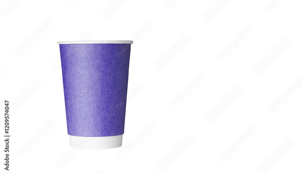 cardboard glass of purple color, for coffee or tea on an isolated white background close up