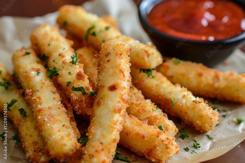Delicious fried mozzarella sticks served with tomato sauce, sprinkled with parsley and lying on baking paper Delicious fried mozzarella sticks served with tomato sauce, sprinkled with parsley and lying on baking paper