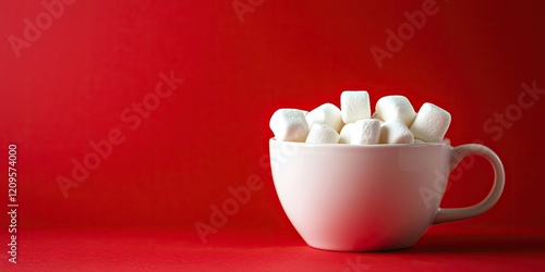 Cup filled with fluffy white marshmallows positioned on the right side against a bold red background ample negative space for text placement photo