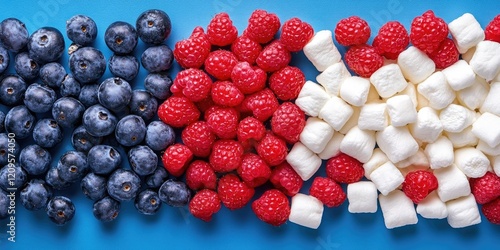 Colorful arrangement of blueberries raspberries and marshmallows creating an American flag on a blue background with space for text photo