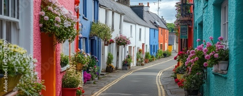 Scenic shot of a quiet street lined with colorful houses and blooming flowers.