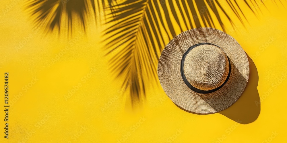Fototapeta premium Straw hat on vivid yellow background with tropical palm leaf shadow, arranged in a flat lay style, ample copy space on the top right.