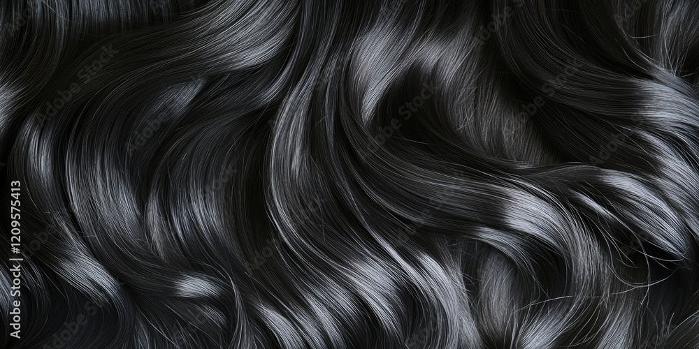 Closeup of glossy black hair arranged in elegant curls with subtle light reflections set against a dark background emphasizing hair texture and care techniques Closeup of glossy black hair arranged in elegant curls with subtle light reflections set against a dark background emphasizing hair texture and care techniques