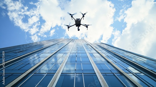 A robotic drone conducting aerial inspections of a modern skyscraper, clean and dynamic environment with a focus on high-rise building maintenance, Urban style