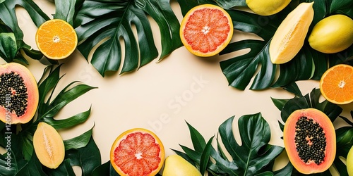 Fototapeta Naklejka Na Ścianę i Meble -  Colorful exotic fruits like papaya, lemon, grapefruit, and orange arranged with lush tropical leaves on a light background, creating a vibrant flat lay scene.