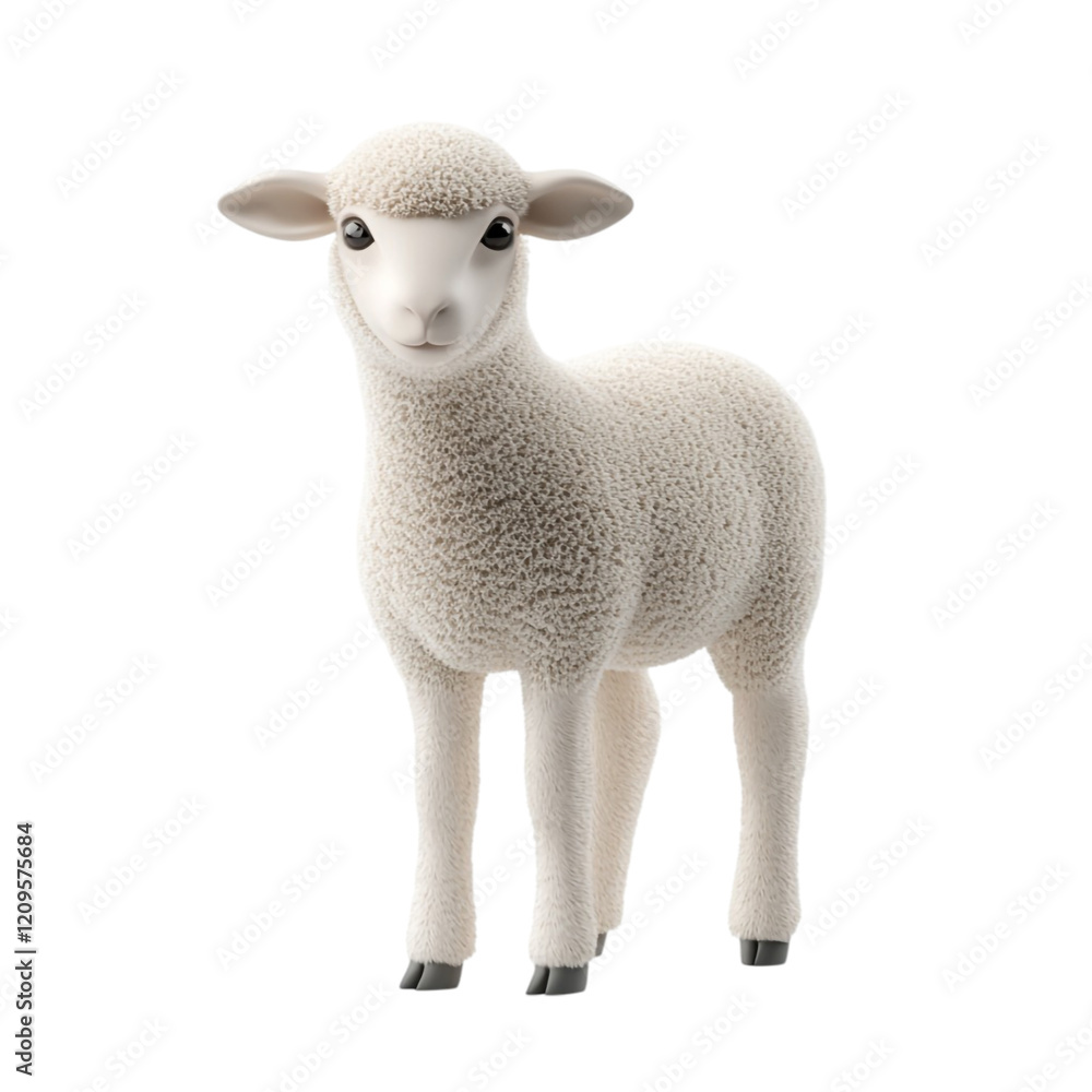 Fototapeta premium Cute fluffy white lamb standing isolated on white background