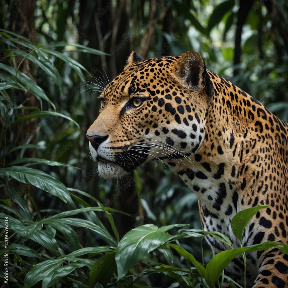 Naklejka premium A striking jaguar with golden fur and dark spots stalking through the jungle.