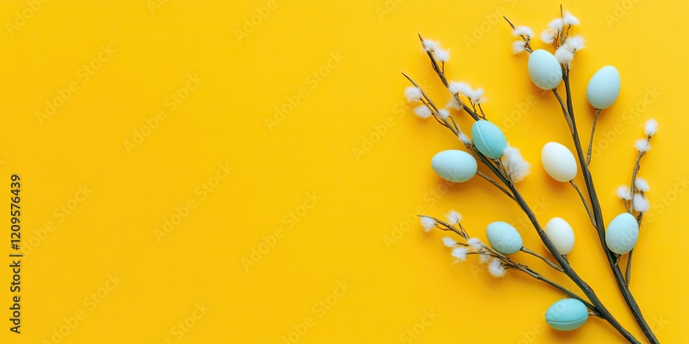 Fototapeta premium Easter themed flat lay with pastel blue eggs and fluffy willow branches on a vibrant yellow background positioned on the left side of the image