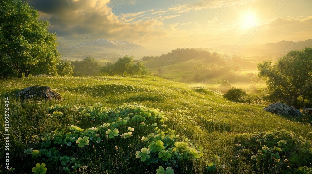 Obraz premium Vibrant green clovers glowing in gentle sunlight, perfect for stpatrick s day celebrations