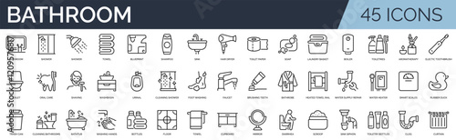 Set of 45 outline icons related to bathroom.  Linear icon collection. Editable stroke. Vector illustration	