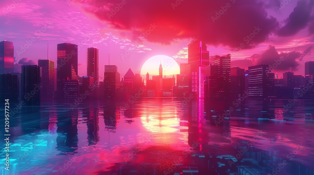 Fototapeta premium A vibrant cityscape with a retro-futuristic aesthetic, featuring a pink and blue sunset reflected on the water.