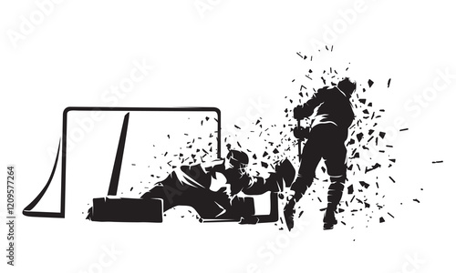 Ice hockey penalty shot, isolated vector silhouette with dispersion effect.  Breakaway. Hockey goalie makes save.
