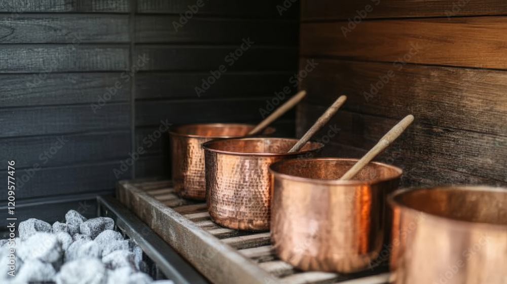 Four polished copper pots sit on a wooden shelf, each featuring a wooden spoon. Below, glowing charcoal adds warmth to the inviting atmosphere of a spa during evening hours Four polished copper pots sit on a wooden shelf, each featuring a wooden spoon. Below, glowing charcoal adds warmth to the inviting atmosphere of a spa during evening hours