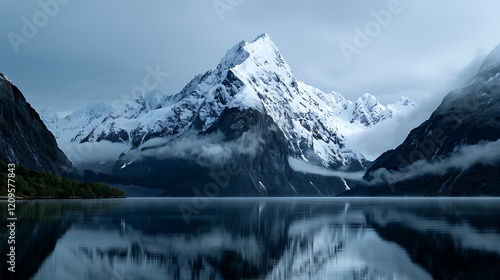 Wallpaper Mural Majestic snow-capped mountain reflected in calm lake, misty valley background; nature landscape Torontodigital.ca