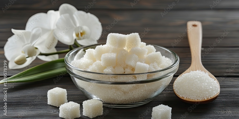 Granulated sugar and sugar cubes in a glass bowl with a wooden spoon and white orchid on a dark wooden table setting with natural light Granulated sugar and sugar cubes in a glass bowl with a wooden spoon and white orchid on a dark wooden table setting with natural light
