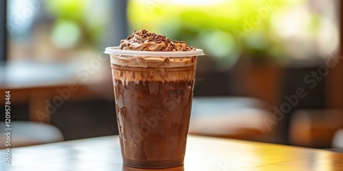 Wallpaper Mural Iced mocha coffee in a clear plastic cup topped with whipped cream and chocolate sprinkles, set on a wooden table with a blurred green background. Torontodigital.ca