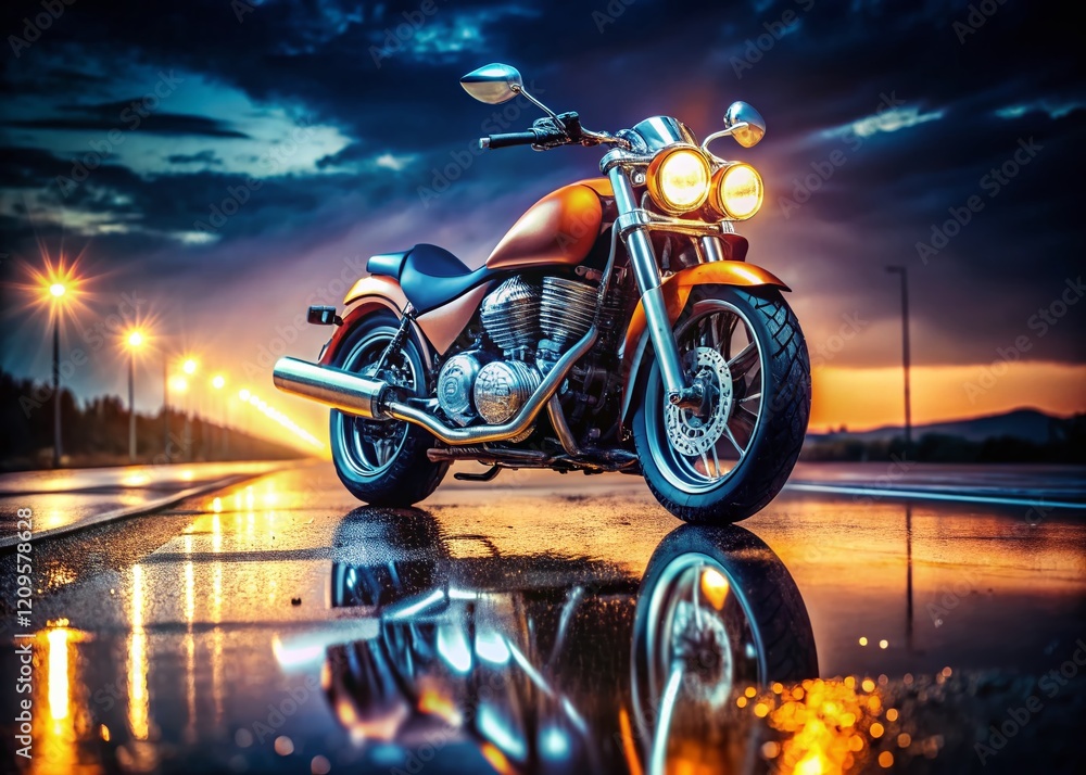 Chrome Motorcycle Reflecting on Wet Asphalt Road - Stock Photo Chrome Motorcycle Reflecting on Wet Asphalt Road - Stock Photo