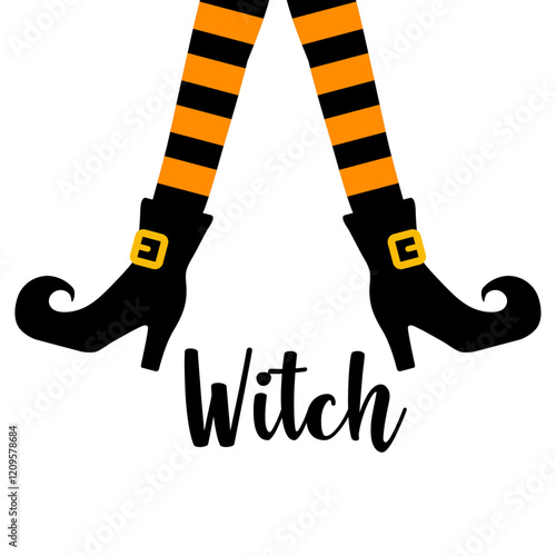 Logo Halloween. Piernas de bruja separadas con botas y medias y palabra Witch para tarjetas y felicitaciones