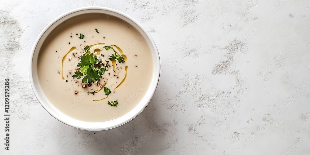 Creamy mushroom soup in a white bowl garnished with herbs sits in the top right corner on a light textured background with ample copy space. Creamy mushroom soup in a white bowl garnished with herbs sits in the top right corner on a light textured background with ample copy space.