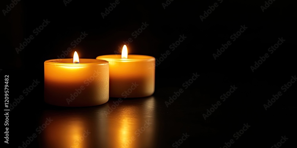 Close-up of two illuminated candles with warm orange glow on dark reflective surface against black background ideal for text overlay. Close-up of two illuminated candles with warm orange glow on dark reflective surface against black background ideal for text overlay.
