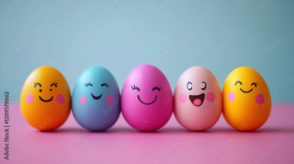 Five brightly colored Easter eggs with cheerful smiley faces, displayed on a pastel pink and blue background, perfect for festive holiday decoration.
Five brightly colored Easter eggs with cheerful smiley faces, displayed on a pastel pink and blue background, perfect for festive holiday decoration.
