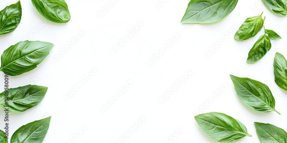 Fresh vibrant green Thai basil leaves artistically arranged on a clean white background creating ample copy space ideal for culinary and herbal uses.