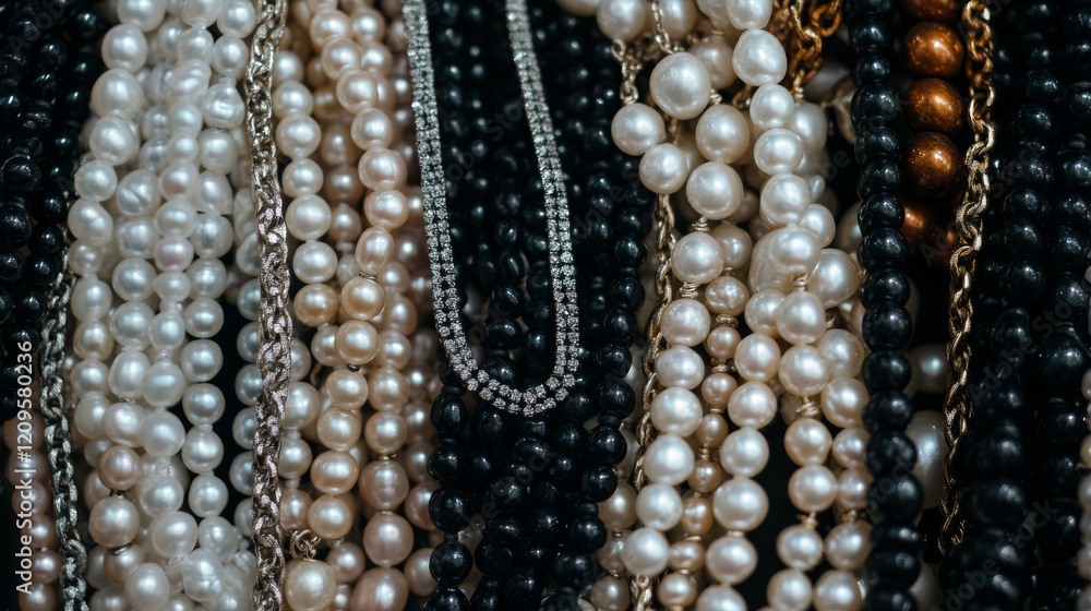 A stunning array of beaded necklaces with black and white pearls and shimmering chains is arranged against a dark background, highlighting their intricate designs and textures A stunning array of beaded necklaces with black and white pearls and shimmering chains is arranged against a dark background, highlighting their intricate designs and textures