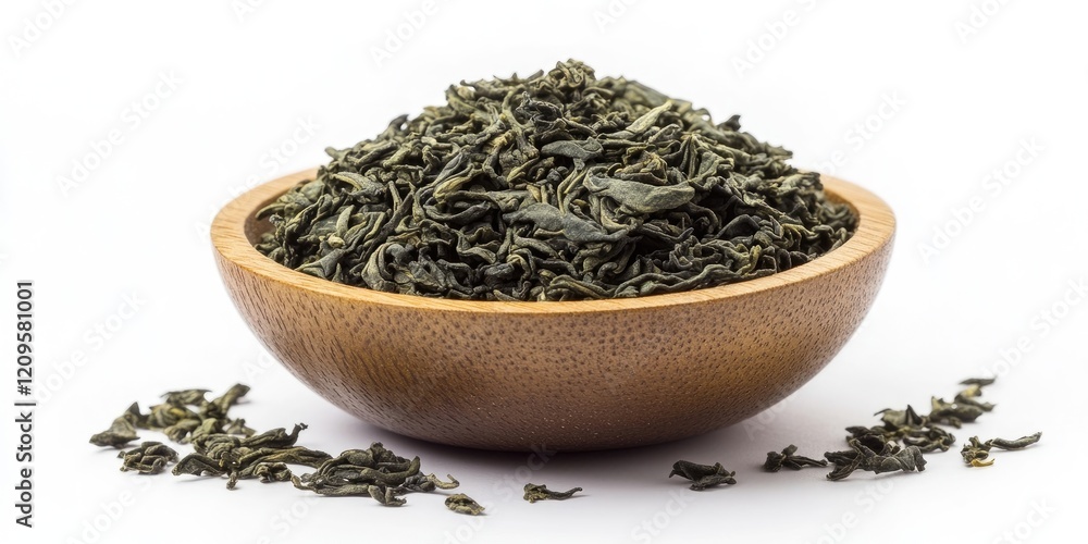 Fototapeta premium Dried green tea leaves in a wooden bowl with scattered leaves against a white background, showcasing earthy tones and natural textures.
