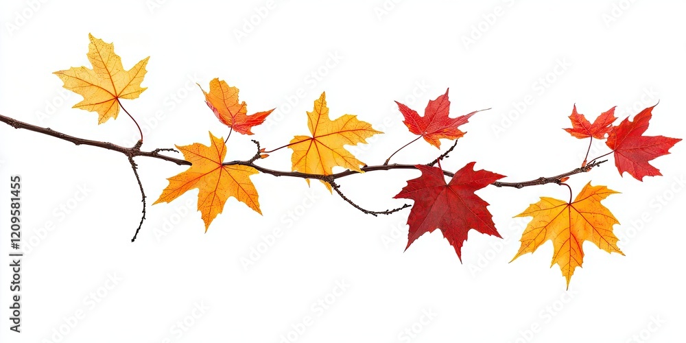 Autumn maple branch with vibrant orange, yellow, and red leaves arranged diagonally against a clean white background for seasonal themes Autumn maple branch with vibrant orange, yellow, and red leaves arranged diagonally against a clean white background for seasonal themes