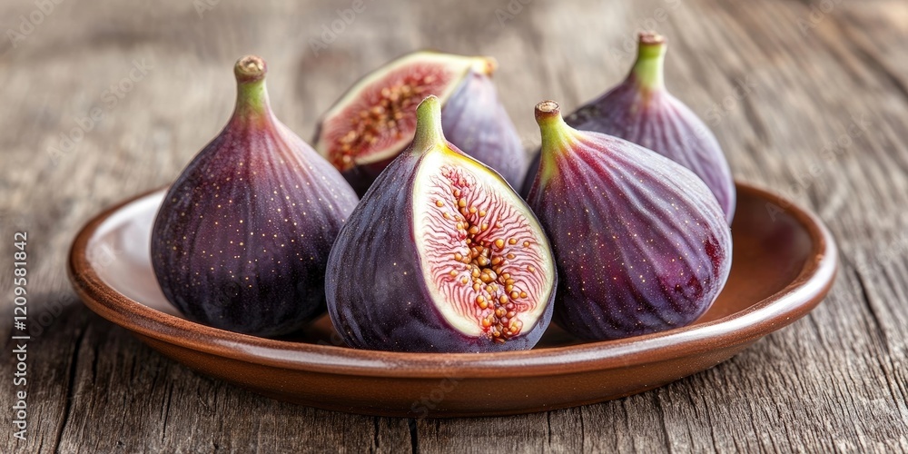 Fototapeta premium Vibrant purple figs arranged neatly on a brown ceramic plate against a rustic wooden background showcasing their delicious and nutritious qualities
