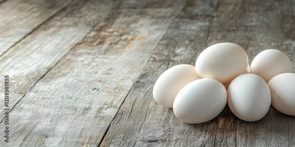 Fresh white chicken eggs arranged in a cluster on a rustic wooden table with warm tones and a soft focus on the background for text space. Fresh white chicken eggs arranged in a cluster on a rustic wooden table with warm tones and a soft focus on the background for text space.