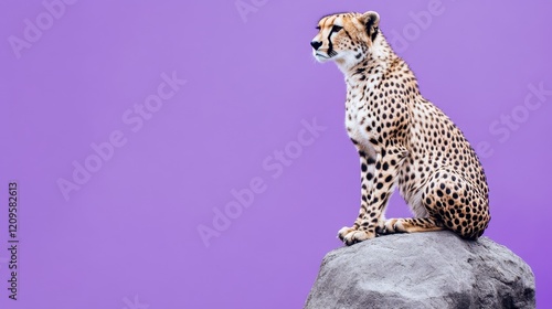 A cheetah perched on a rock, scanning its surroundings on a lavender background